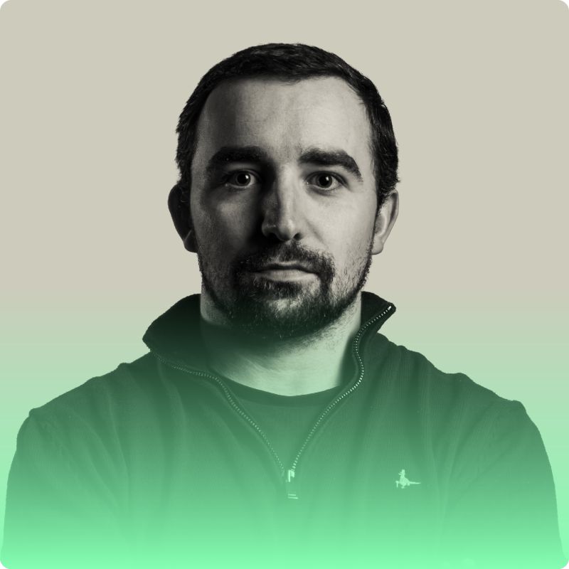 Stylised team portrait with the brand's green gradient treatment
